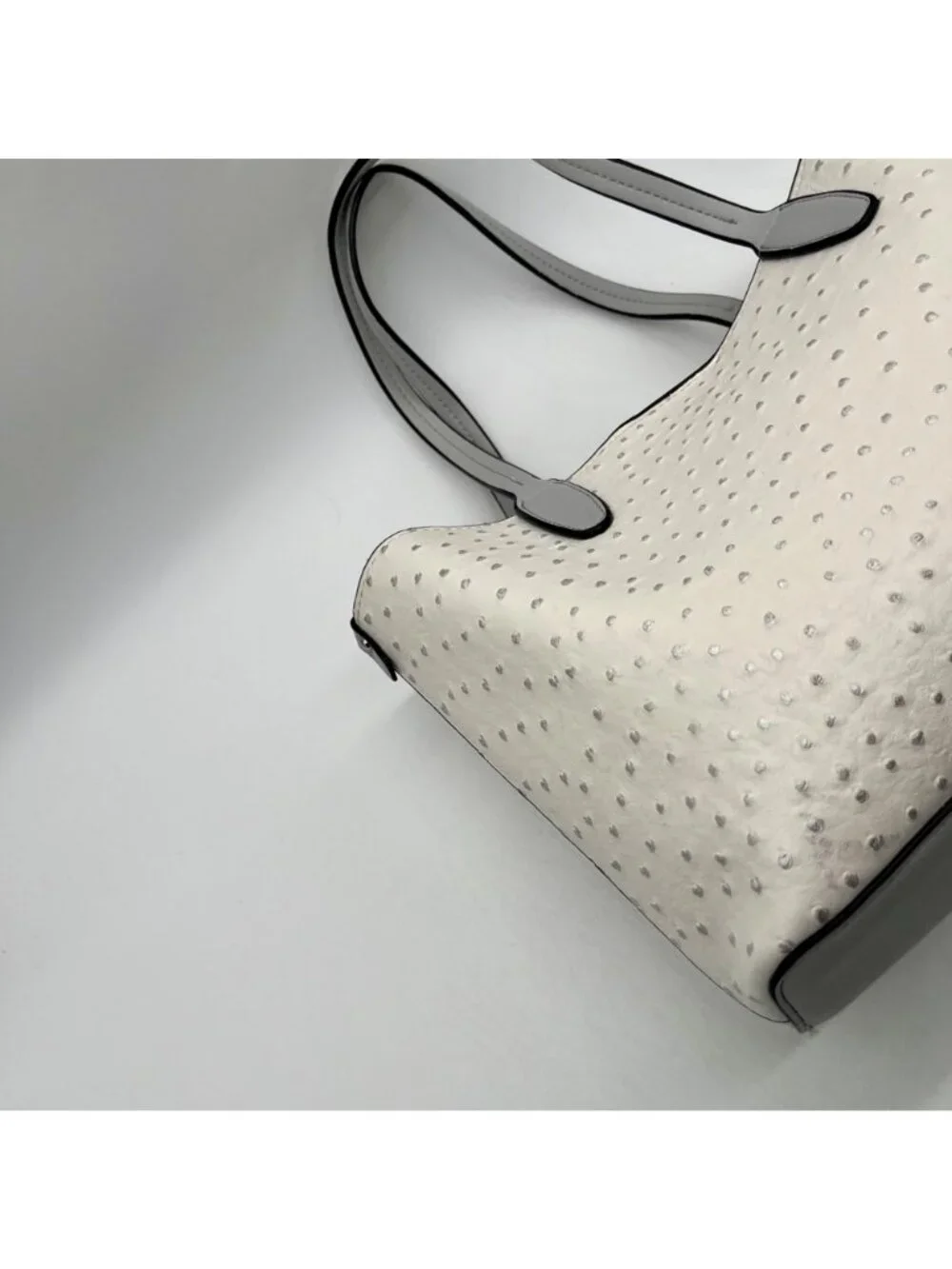 Beige Ostrich-Embossed Faux Leather Tote Bag